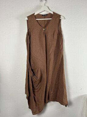 Raw Moda Womens Brown Sleeveless Asymmetric Hem Dress With Pocket Casual Loose